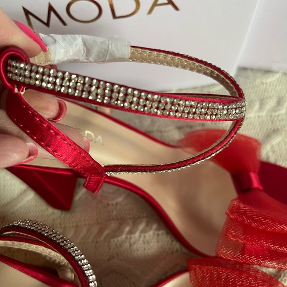 NEW! Top Moda Red Agatha Bow Style Rhinestone Ankle Strap Women’s 6.5 - Picture 12 of 16
